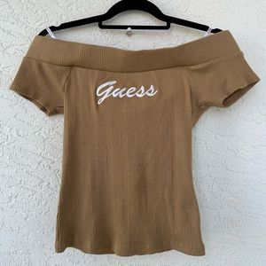 Guess Y2K Off The Shoulder Embroidered Ribbed Medium Tan Top